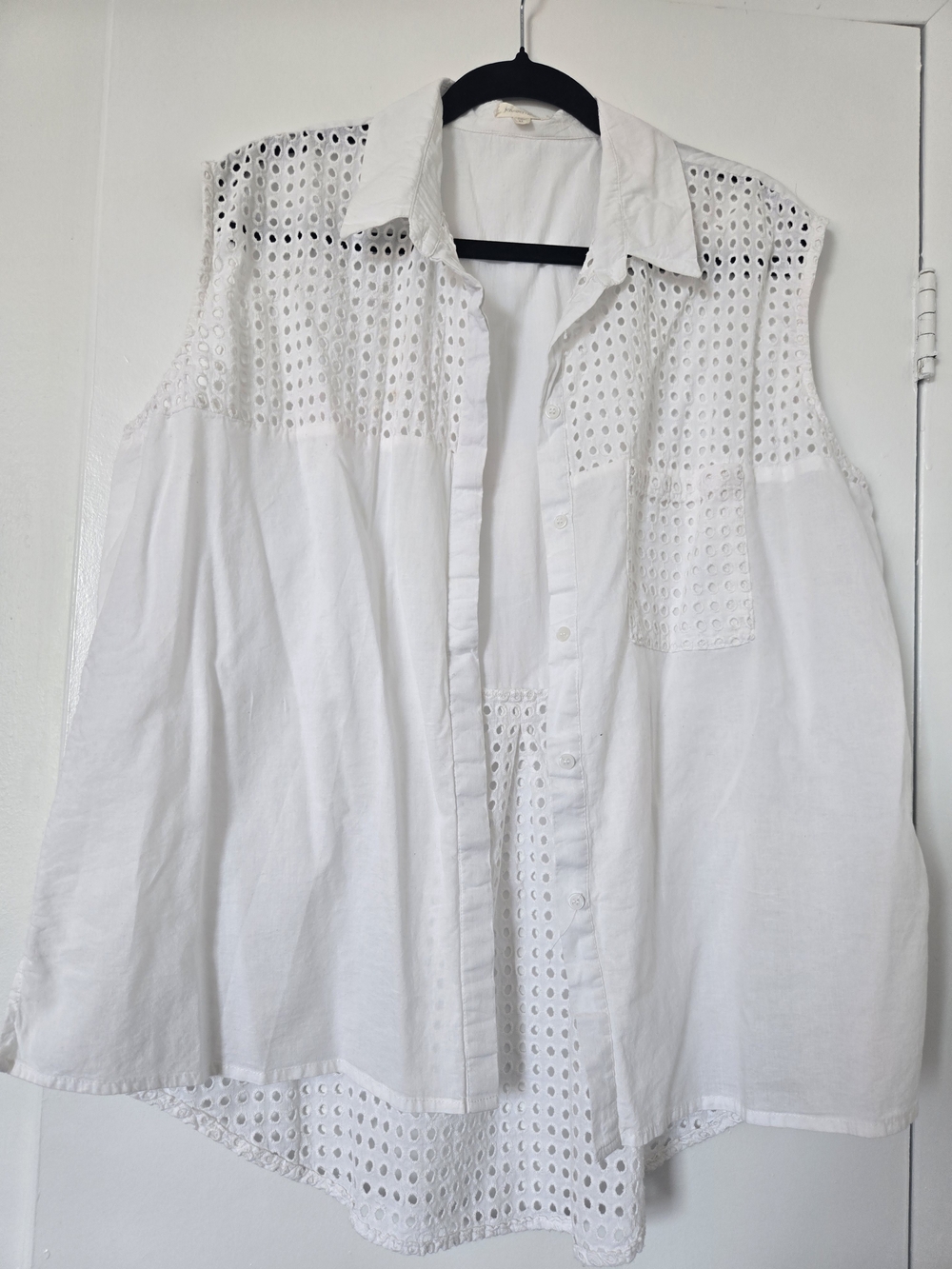 Sleeveless White Eyelet Button-Down Shirt